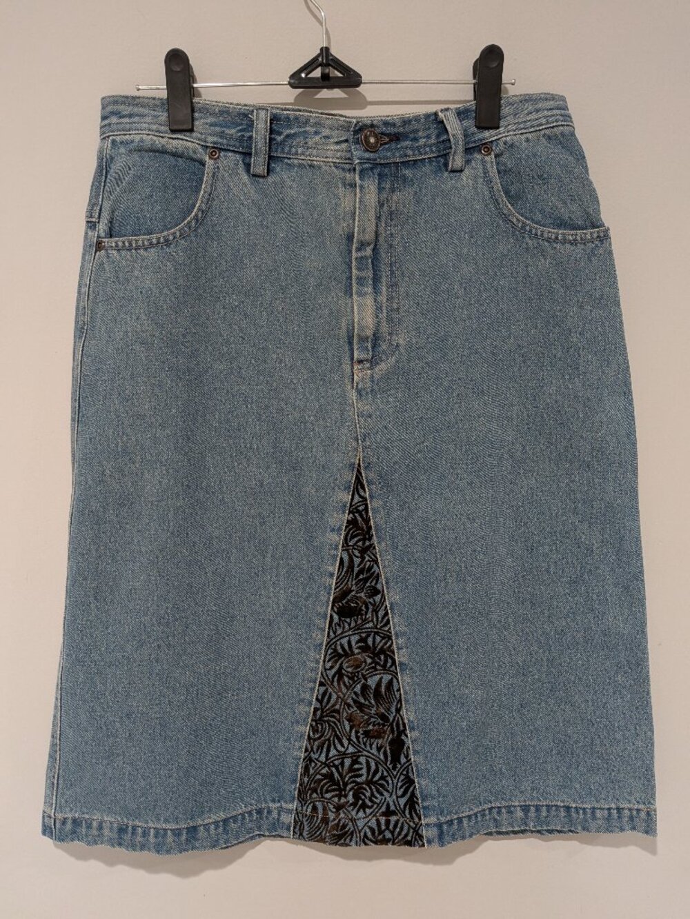 J. Jill Out of the Blue Denim Midi Skirt Floral Velvet Inset Modest Size 10